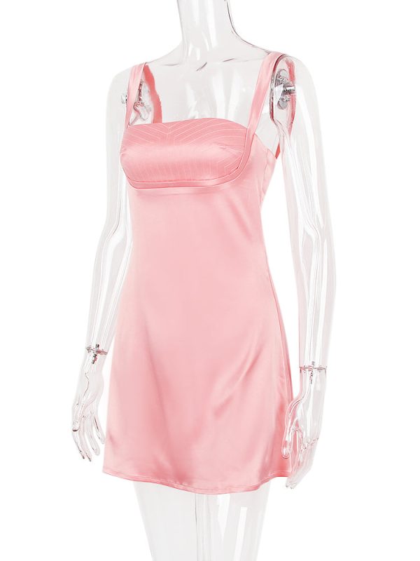 Pink Satin Square Neck Strap Mini Dress Pink Satin Square Neck Strap Mini Dress