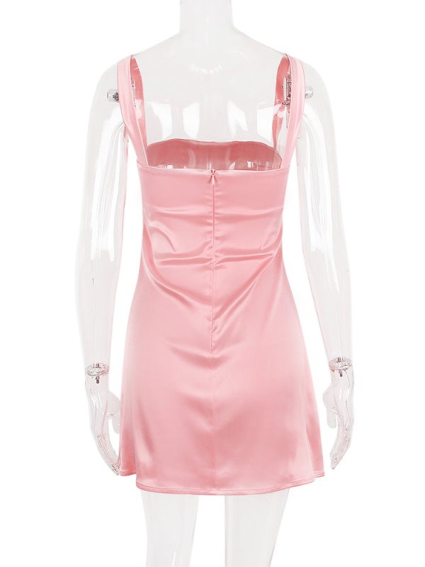 Pink Satin Square Neck Strap Mini Dress Pink Satin Square Neck Strap Mini Dress