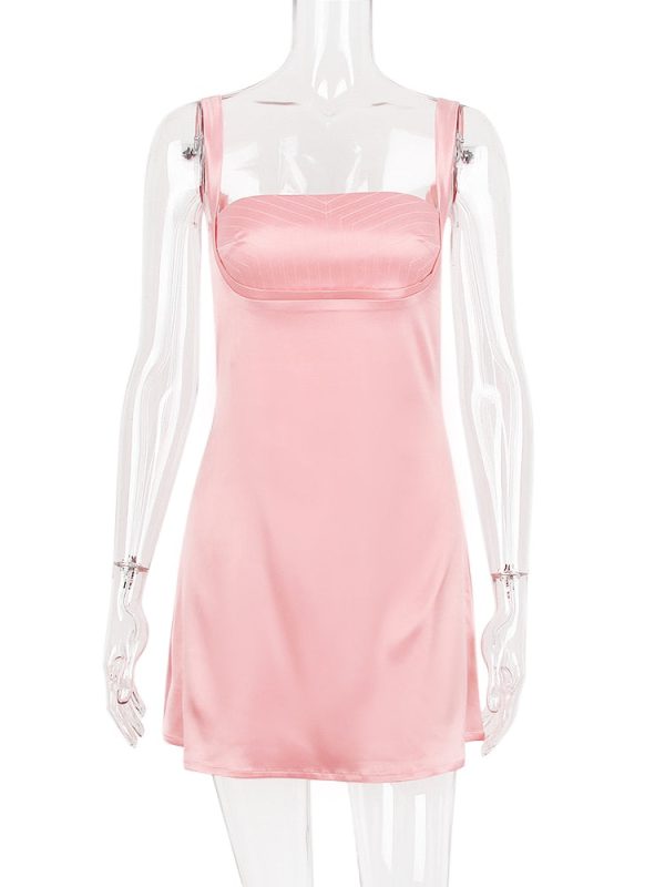 Pink Satin Square Neck Strap Mini Dress Pink Satin Square Neck Strap Mini Dress
