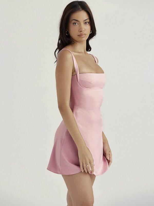 Pink Satin Square Neck Strap Mini Dress Pink Satin Square Neck Strap Mini Dress
