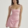 Pink Satin Square Neck Strap Mini Dress Pink Satin Square Neck Strap Mini Dress