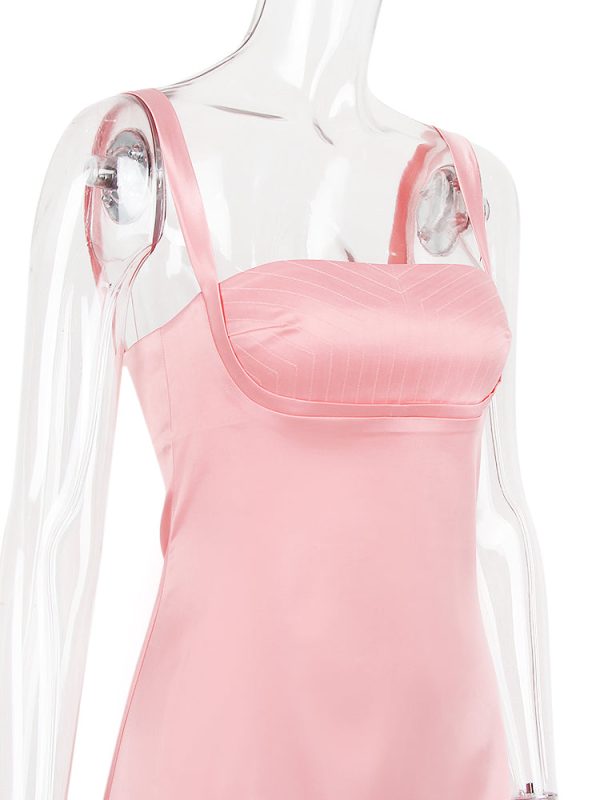 Pink Satin Square Neck Strap Mini Dress Pink Satin Square Neck Strap Mini Dress