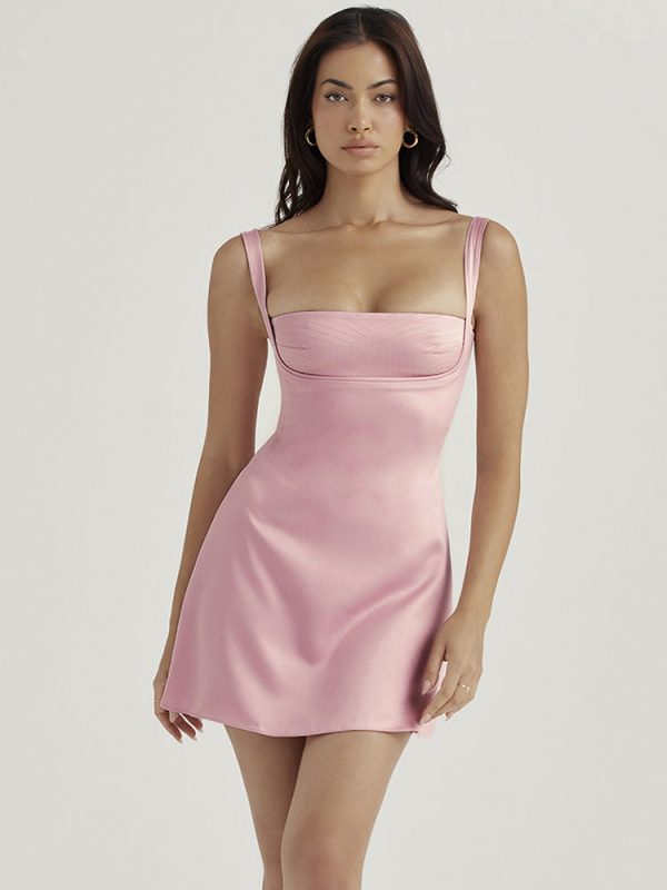 Pink Satin Square Neck Strap Mini Dress Pink Satin Square Neck Strap Mini Dress