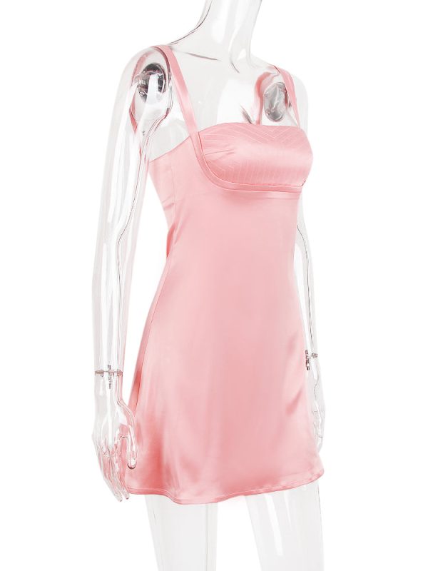 Pink Satin Square Neck Strap Mini Dress Pink Satin Square Neck Strap Mini Dress