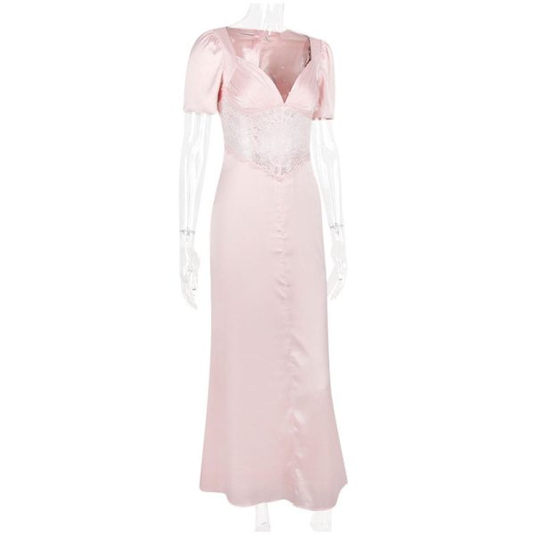 Pink Satin V-Neck Puff Sleeve Lace Patchwork Midi Dress Pink Satin V-Neck Puff Sleeve Lace Patchwork Midi Dress