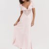 Pink Satin V-Neck Puff Sleeve Lace Patchwork Midi Dress Pink Satin V-Neck Puff Sleeve Lace Patchwork Midi Dress