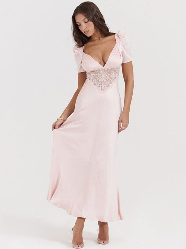 Pink Satin V-Neck Puff Sleeve Lace Patchwork Midi Dress Pink Satin V-Neck Puff Sleeve Lace Patchwork Midi Dress