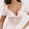 Pink Satin V-Neck Puff Sleeve Lace Patchwork Midi Dress Pink Satin V-Neck Puff Sleeve Lace Patchwork Midi Dress