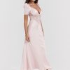 Pink Satin V-Neck Puff Sleeve Lace Patchwork Midi Dress Pink Satin V-Neck Puff Sleeve Lace Patchwork Midi Dress