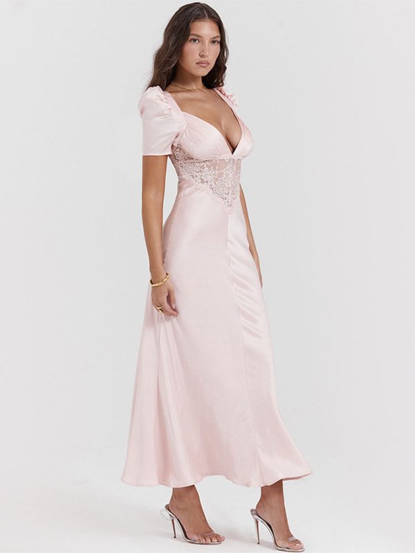 Pink Satin V-Neck Puff Sleeve Lace Patchwork Midi Dress Pink Satin V-Neck Puff Sleeve Lace Patchwork Midi Dress