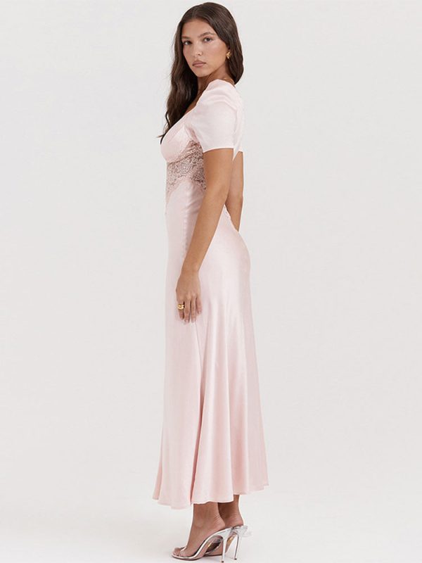 Pink Satin V-Neck Puff Sleeve Lace Patchwork Midi Dress Pink Satin V-Neck Puff Sleeve Lace Patchwork Midi Dress
