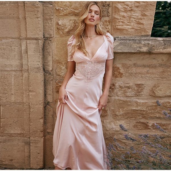 Pink Satin V-Neck Puff Sleeve Lace Patchwork Midi Dress Pink Satin V-Neck Puff Sleeve Lace Patchwork Midi Dress