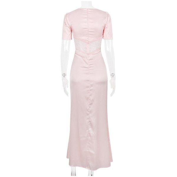 Pink Satin V-Neck Puff Sleeve Lace Patchwork Midi Dress Pink Satin V-Neck Puff Sleeve Lace Patchwork Midi Dress