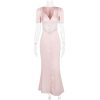 Pink Satin V-Neck Puff Sleeve Lace Patchwork Midi Dress Pink Satin V-Neck Puff Sleeve Lace Patchwork Midi Dress
