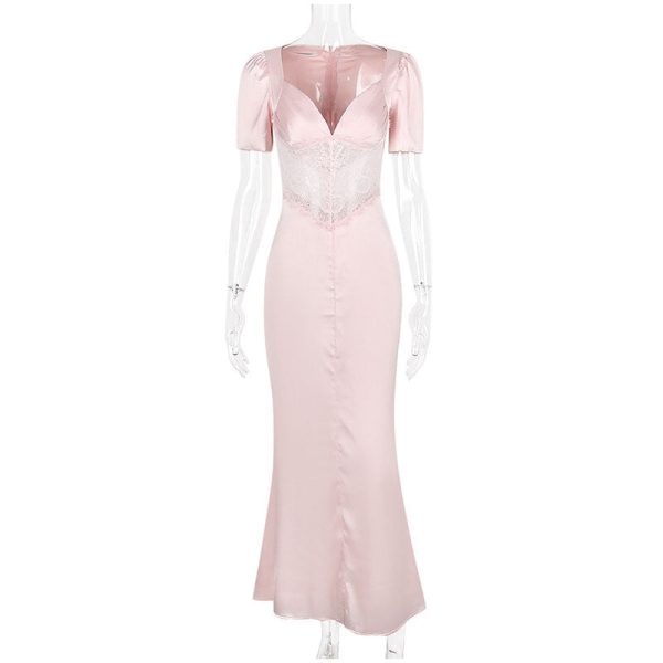 Pink Satin V-Neck Puff Sleeve Lace Patchwork Midi Dress Pink Satin V-Neck Puff Sleeve Lace Patchwork Midi Dress