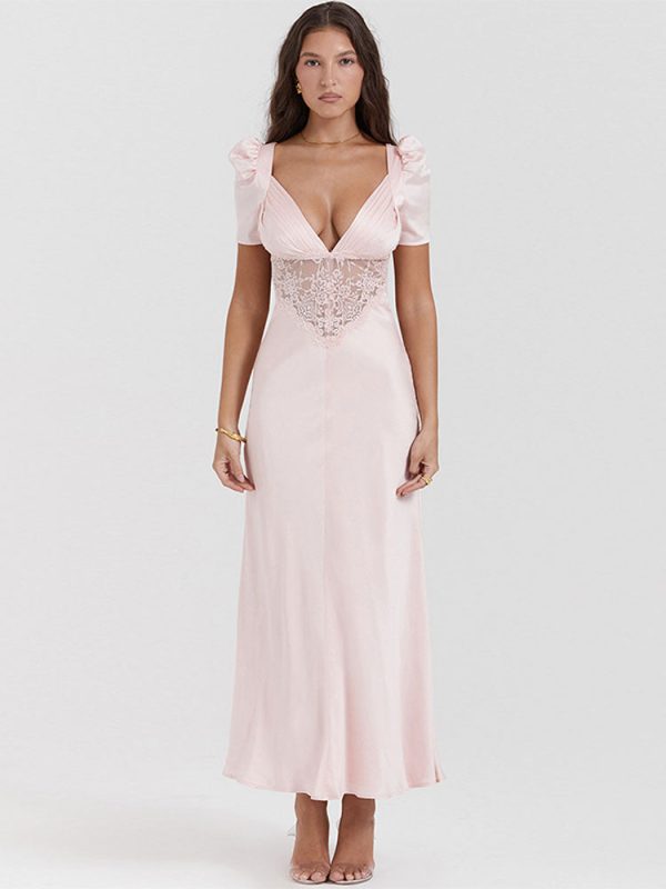 Pink Satin V-Neck Puff Sleeve Lace Patchwork Midi Dress Pink Satin V-Neck Puff Sleeve Lace Patchwork Midi Dress