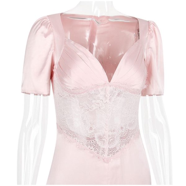 Pink Satin V-Neck Puff Sleeve Lace Patchwork Midi Dress Pink Satin V-Neck Puff Sleeve Lace Patchwork Midi Dress