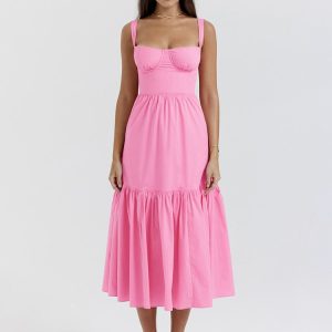 Pink Strap Midi Dress With Pocket