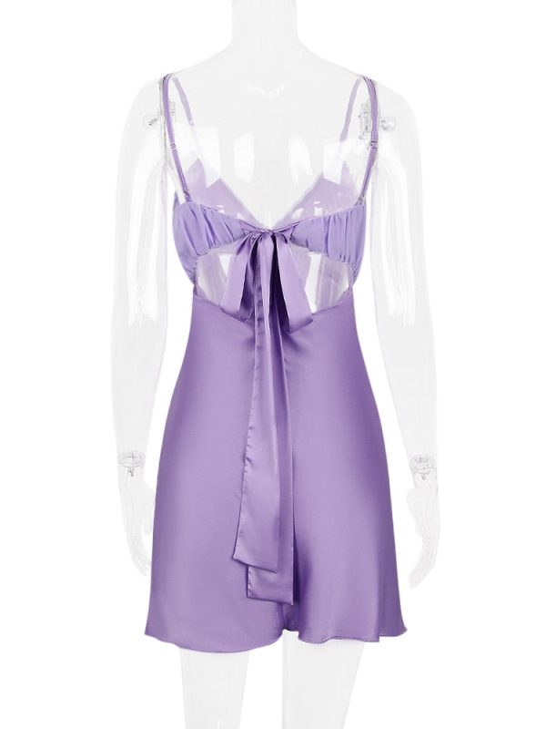 Purple Satin Back Bow Tie-Up Mini Dress Purple Satin Back Bow Tie-Up Mini Dress