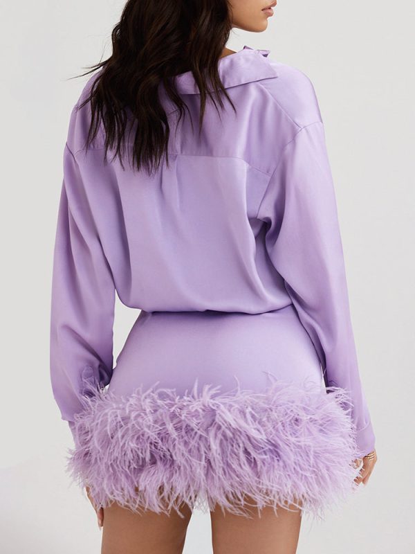 Purple Satin Shirt Style Fur Trim Mini Dress Purple Satin Shirt Style Fur Trim Mini Dress