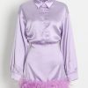 Purple Satin Shirt Style Fur Trim Mini Dress Purple Satin Shirt Style Fur Trim Mini Dress