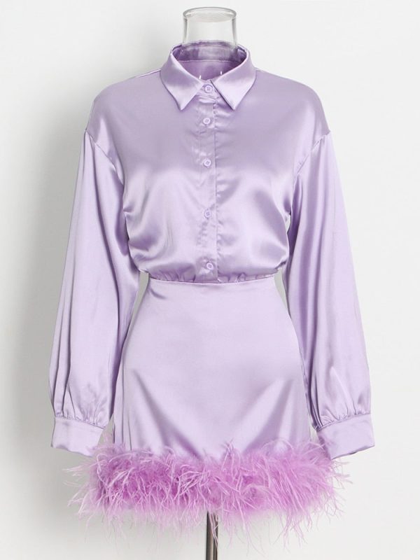 Purple Satin Shirt Style Fur Trim Mini Dress Purple Satin Shirt Style Fur Trim Mini Dress
