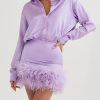 Purple Satin Shirt Style Fur Trim Mini Dress Purple Satin Shirt Style Fur Trim Mini Dress