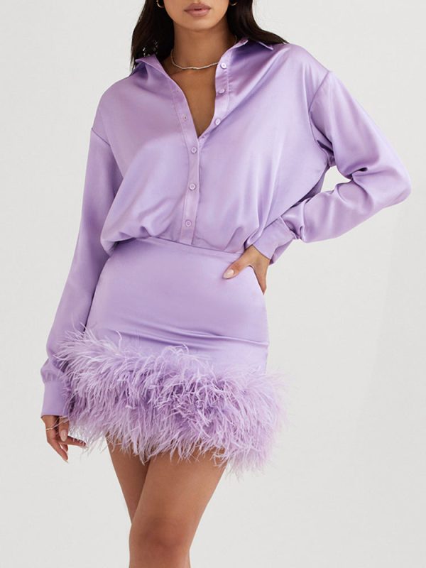 Purple Satin Shirt Style Fur Trim Mini Dress Purple Satin Shirt Style Fur Trim Mini Dress