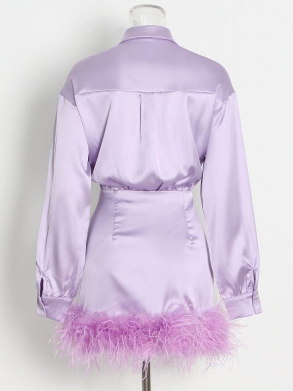 Purple Satin Shirt Style Fur Trim Mini Dress Purple Satin Shirt Style Fur Trim Mini Dress