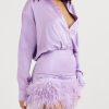 Purple Satin Shirt Style Fur Trim Mini Dress Purple Satin Shirt Style Fur Trim Mini Dress