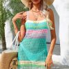 Rainbow Striped Open Knit Crochet Beach Vacation Mini Sundress - Lake Blue Rainbow Striped Open Knit Crochet Beach Vacation Mini Sundress - Lake Blue
