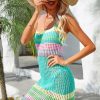Rainbow Striped Open Knit Crochet Beach Vacation Mini Sundress - Lake Blue Rainbow Striped Open Knit Crochet Beach Vacation Mini Sundress - Lake Blue