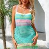 Rainbow Striped Open Knit Crochet Beach Vacation Mini Sundress - Lake Blue Rainbow Striped Open Knit Crochet Beach Vacation Mini Sundress - Lake Blue