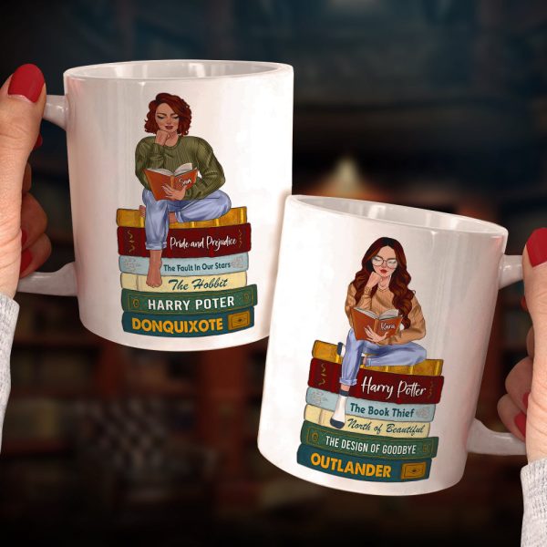 Reading Girl Sitting On Bookstack, Personalized White Mug Reading Girl Sitting On Bookstack, Personalized White Mug