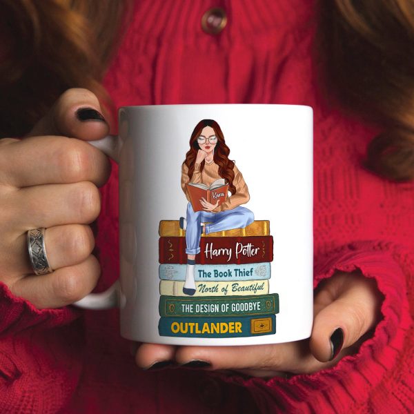 Reading Girl Sitting On Bookstack, Personalized White Mug Reading Girl Sitting On Bookstack, Personalized White Mug