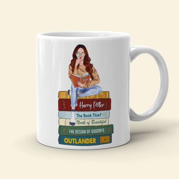 Reading Girl Sitting On Bookstack, Personalized White Mug Reading Girl Sitting On Bookstack, Personalized White Mug