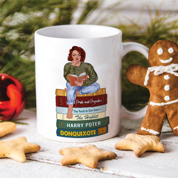 Reading Girl Sitting On Bookstack, Personalized White Mug Reading Girl Sitting On Bookstack, Personalized White Mug