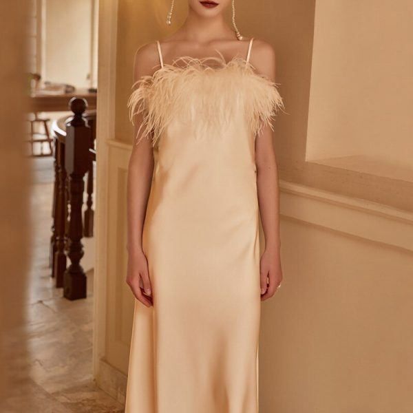 Real Silk Sleeveless Ostrich Feather Mid-Calf Dresses Real Silk Sleeveless Ostrich Feather Mid-Calf Dresses