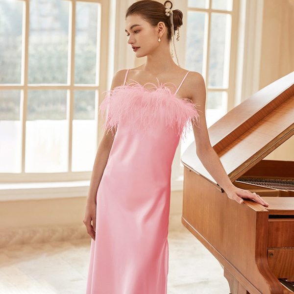 Real Silk Sleeveless Ostrich Feather Mid-Calf Dresses Real Silk Sleeveless Ostrich Feather Mid-Calf Dresses