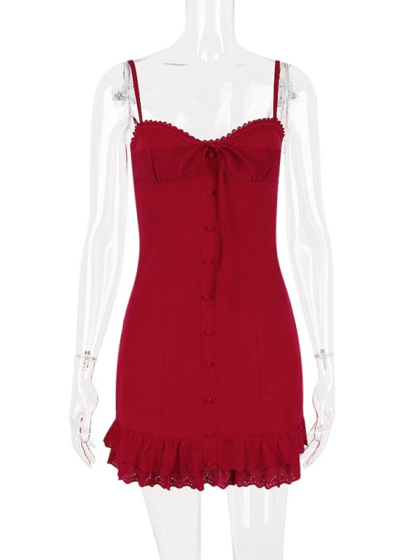 Red Lace Patchwork Buttoned Mini Dress Red Lace Patchwork Buttoned Mini Dress