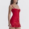Red Lace Patchwork Buttoned Mini Dress Red Lace Patchwork Buttoned Mini Dress