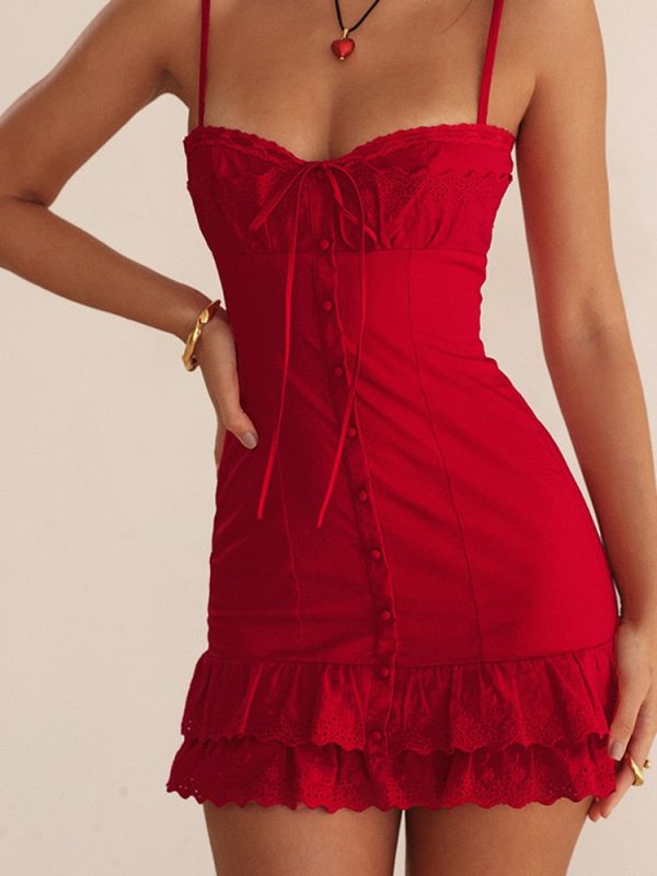 Red Lace Patchwork Buttoned Mini Dress Red Lace Patchwork Buttoned Mini Dress