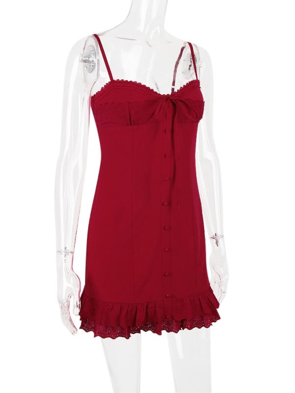 Red Lace Patchwork Buttoned Mini Dress Red Lace Patchwork Buttoned Mini Dress