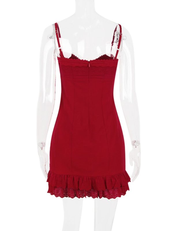 Red Lace Patchwork Buttoned Mini Dress Red Lace Patchwork Buttoned Mini Dress