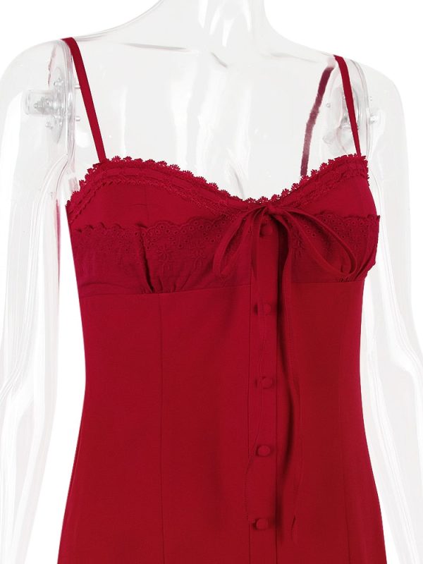 Red Lace Patchwork Buttoned Mini Dress Red Lace Patchwork Buttoned Mini Dress