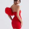 Red Mesh Bodycon Tube Mini Dress With Tulle Puff One-shoulder Sleeve Red Mesh Bodycon Tube Mini Dress With Tulle Puff One-shoulder Sleeve