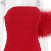 Red Mesh Bodycon Tube Mini Dress With Tulle Puff One-shoulder Sleeve Red Mesh Bodycon Tube Mini Dress With Tulle Puff One-shoulder Sleeve