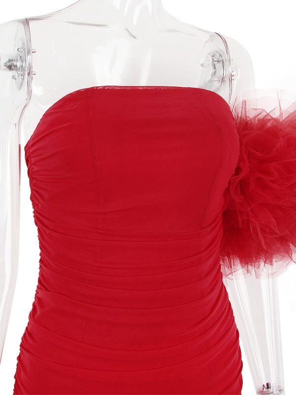 Red Mesh Bodycon Tube Mini Dress With Tulle Puff One-shoulder Sleeve Red Mesh Bodycon Tube Mini Dress With Tulle Puff One-shoulder Sleeve
