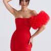 Red Mesh Bodycon Tube Mini Dress With Tulle Puff One-shoulder Sleeve Red Mesh Bodycon Tube Mini Dress With Tulle Puff One-shoulder Sleeve