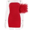 Red Mesh Bodycon Tube Mini Dress With Tulle Puff One-shoulder Sleeve Red Mesh Bodycon Tube Mini Dress With Tulle Puff One-shoulder Sleeve